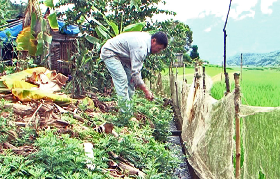 Nông dân Khổng Lào vệ sinh mương dẫn nước, khơi thông dòng chảy.